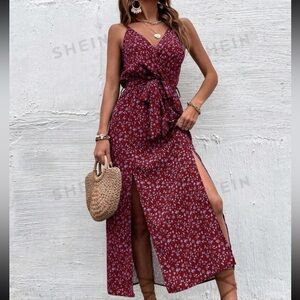 SHEIN VCAY Ditsy Floral Print Slit Hem Belted Cami Dress, Burgundy, Size L 8/10